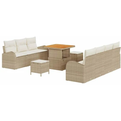 Image of vidaXL 10 Piece Garden Sofa Set with Cushions Beige Poly Rattan Acacia