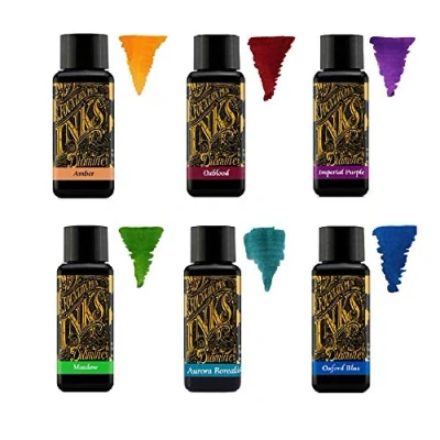 Image of Diamine Fountain Pen Ink 30 ml Colour Palette 6 x Bottles Amber, Oxblood, Imperial Purple, Aurora Borealis, Oxford Blue, Meadow