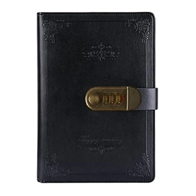 Image of NectaRoy Retro Vintage PU Leather Password Notebook Writing Planner Organizer with Combination Lock, Lined Wire Binding Diary Personal Sketchbook, A5 Size 215x150mm