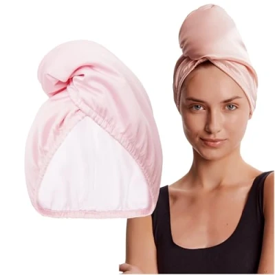 Image of GLOV Hair Towel Wrap Travel Turban Super Absorbent Double Layer Vegan Satin and Microfiber Accessories for Women Reusable One Size Glamorous Charmeuse (Pink)