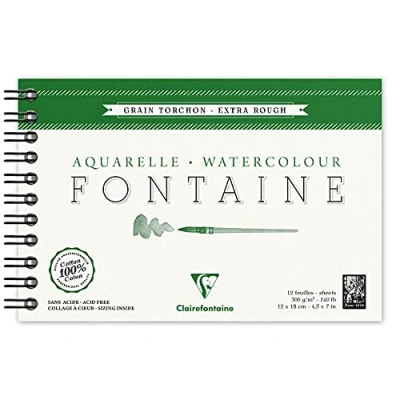 Image of Clairefontaine Ref 96319C Fontaine Extra Rough Watercolour Wirebound Pad (12 Sheets) 12 x 18cm Size, 300gsm Paper Suitable for Artwork
