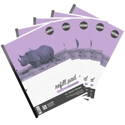 Image of RHINO A4 Refill Pad, Writing 400 Page / 6mm Lined with Margin, 5 Pack, Narrow Ruled Paper, Office &amp; School Stationery Supplies