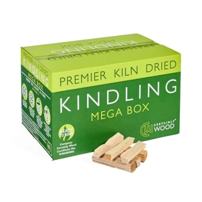 Image of Certainly Wood Kiln Dried British Kindling Mega Box Natural Firelighters For Woodburning Stove, Log Burner, Open Fire Pit, Camping BBQ Pizza Oven. Starters 10KG (1 Box)