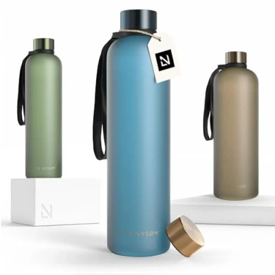 Image of LARS NYSØM Water Bottle 34oz Drinking 1 Liter Ultralight Tritan Sports Flask leak proof Ideal for sports, office, yoga 2 lids included (Blue Gold, 1000ml)