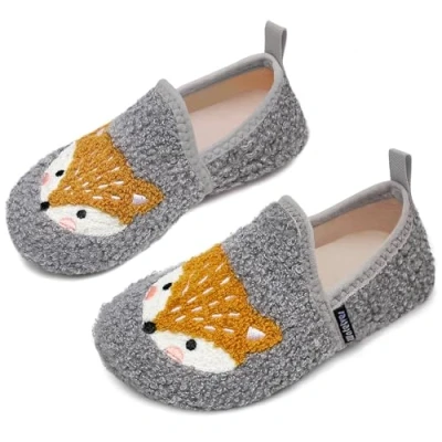 Image of Slippers Kids Boys Slipper Winter Warm Furry Socks with Non Slip Sole for Indoor（Grey Fox 24/25）