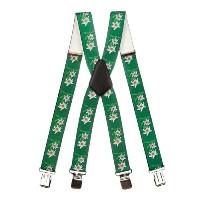 Image of Heavy Duty X Shape Braces/Suspenders with Edelweiss Pattern, 4cm Dark Green