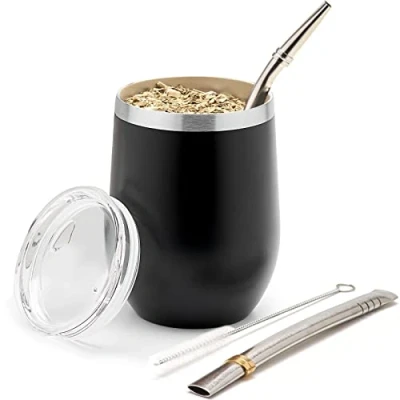 Image of balibetov Modern Mate Cup and Bombilla Set (Yerba Cup) Yerba Includes Double Walled 18/8 Stainless Steel Tea Cup, Two (Straw) a Cleaning Brush (Black, 235 ml)