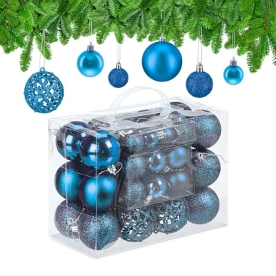 Image of Relaxdays Christmas Bauble Set of 50, Glittery, Matt &amp; Shiny Ornaments, Plastic Xmas Tree Balls, Ø: 3, 4 6 cm, Petrol, 100%
