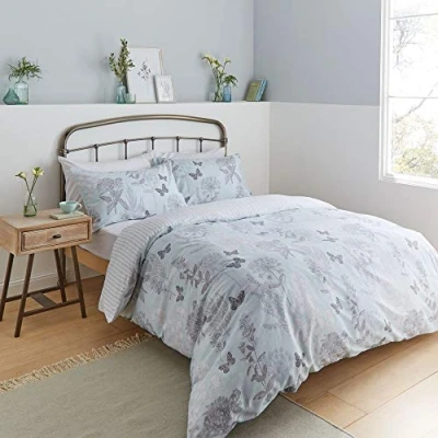 Image of Catherine Lansfield Floral Butterfly Easy Care Double Duvet Set Duck Egg