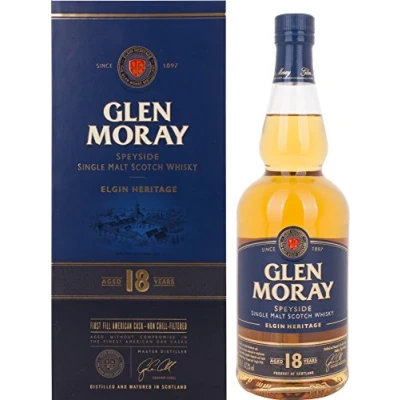 Image of Glen Moray 18 Year Old single malt Scotch whisky 70cl 47.2% ABV, Speyside region matured exclusively in first fill ex Bourbon casks. Distilled and Elgin, Scotland