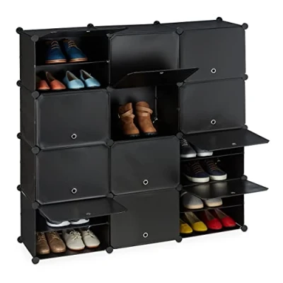 Image of Relaxdays Shoe Cabinet, Storage with Doors, HxWxD: 125 x 31.5 cm, 24 Compartments, Plastic Shelving System, Black