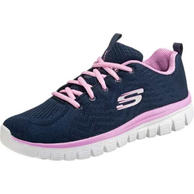 Image of Skechers Women&#039;s Graceful Get Connected Sneaker, Navy Mesh Pink Trim, 4 UK
