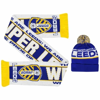 Image of GIFTS 4 ALL Leeds Utd Winter Warmers Ski Hat &amp; Scarf Gift Set (100% Acrylic), Fans Match Day Set,