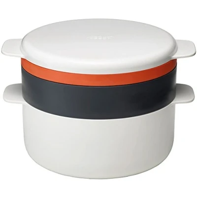 Image of Joseph M Cuisine Microwave 4 Piece Stackable cooking Set, 2 litre pot, steamer, griddle and lid, Orange/Beige