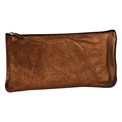 Image of Clairefontaine Ref 8704C Metallic Leather Flat Pencil Case 22 x 11cm, Soft with Suede Interior, Metal Zip Puller Brown Colour