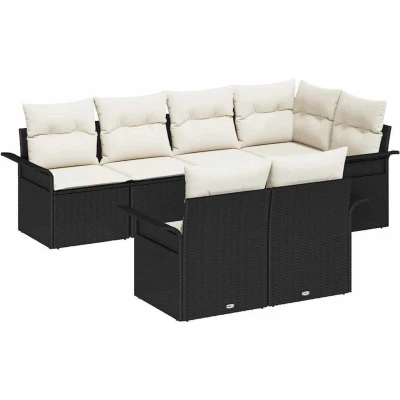 Image of vidaXL 7 Piece Garden Sofa Set with Cushions Black Poly Rattan