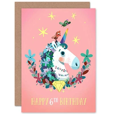 Image of Wee Blue Coo Unicorn Flowers Birthday 6th Greetings Card