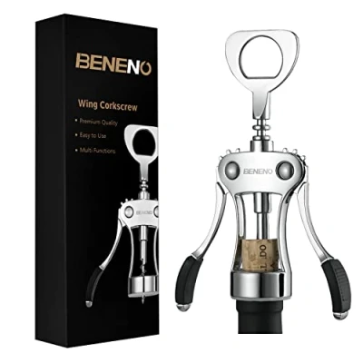 Image of Corkscrew Bottle Opener, Beneno Premium Corkscrews Wine Opener with Multifunctional Corks and Caps Silver