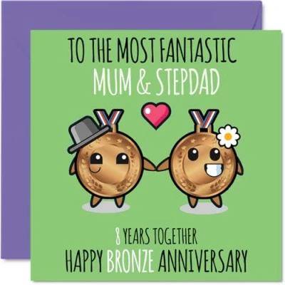 Image of Cute Bronze Anniversary Card for Mum &amp; Step Dad 8 Years Together Happy 8th Wedding Cards Mum, 145mm x Greeting Eighth Anniversaries