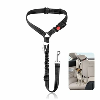 Image of Dog Car Seat Belt Adjustable Pet Harness Heavy Duty Puppy Seatbelt With Elastic Bungee Strong Lead Safety Headrest Restraint For Dogs Cats Accessories (Black)