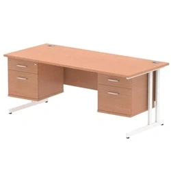 Image of Impulse 1800x800 Desk Beech White Cantilever Leg + 2x Fixed Pedestal