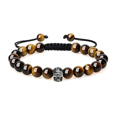 Image of COAI Skull Bracelet for Men Women Stone Beaded Bracelet, Tiger Eye