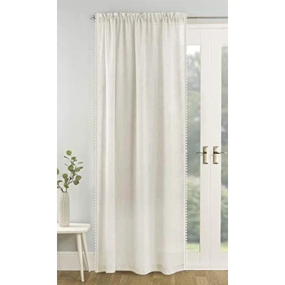 Image of Tyrone Textiles Ltd Tahiti Cream Pom Trim Linen Look Voile Panel (Drop 90&quot; (229cm))