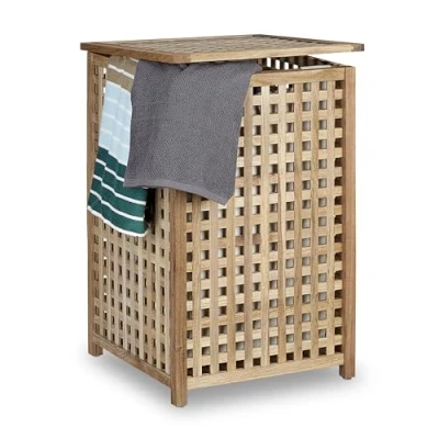 Image of Relaxdays Walnut Hamper Wooden Storage Bin Basket with Lid, 67.5 x 45.7 cm, Organizer, Laundry Box Linen Sack Bag, Capacity of 75 L, Natural, Light Wood Tone, cm