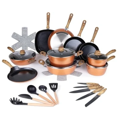 Image of Pots and Pans Set Non Stick Induction Hob Pot Sets 35pcs Kitchen Cookware &amp; Knife Copper Cooking with Lids Saucepans Frying by Nuovva