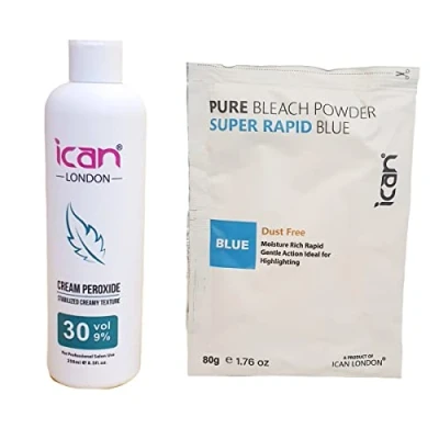 Image of ICAN LONDON PROFESSIONAL CREAM PEROXIDE 30 VOL 9% 250 ML + RAPID BLUE POWDER BLEACH 80 G SET