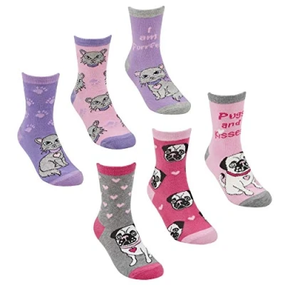 Image of Sock Stack Girls Socks 6 Pairs Of Kids Design Unicorn Mermaid Pug Cotton Rich, Pugs &amp; Cats, 9 12