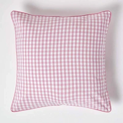 Image of HOMESCAPES 100% Cotton Gingham Check Large Cushion Cover 60 x cm Square 24 Inches Pink White Sofa Pillow Washable