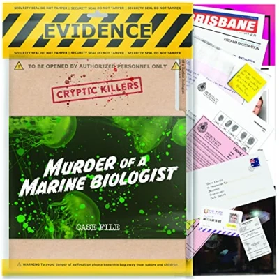 Image of Cryptic Killers Unsolved Murder mystery game Cold Case Files Investigation Detective clues/evidence Solve the crime individuals, date nights &amp; party groups of a Marine Biologist