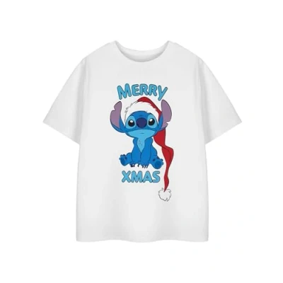 Image of Disney Lilo &amp; Stitch Girls White Short Sleeved T Shirt Merry Xmas Graphic Tee for Kids Cartoon Crew Neck Apparel Holiday Casual Wear Top Brand Merchandise