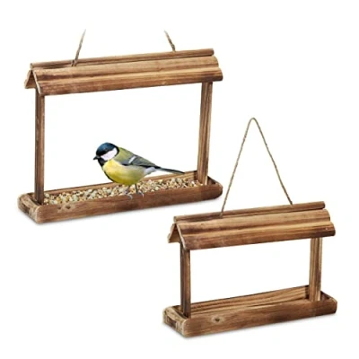 Image of Relaxdays Bird Feeder, Set of 2, Feeding Station, Hanging, H x W D: 23.5 31.5 8 cm, Wood, Natural, 100%