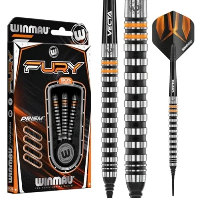 Image of WINMAU Fury 18 Gram Tungsten Softip Darts Set with Prism Flights and Vecta Shafts (Stems)