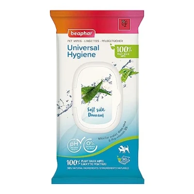 Image of Beaphar Pet Wipes Universal Hygiene for Cats &amp; Dogs Cleans refreshes skin and coat 100% Plant Based, Biodegradable With Micellar water Aloe vera 30 pH neutral
