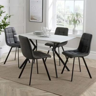 Image of Home Source White Dining Kitchen Table Set with Grey Quilted Fabric Black Metal Leg, Wood, 4 Chairs