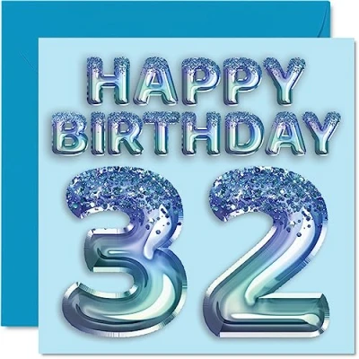 Image of 32nd Birthday Card for Men Blue Glitter Party Balloon Happy Cards 32 Year Old Man Brother Friend Uncle Dad, 145mm x Thirty Two Second Bday Greeting Gift