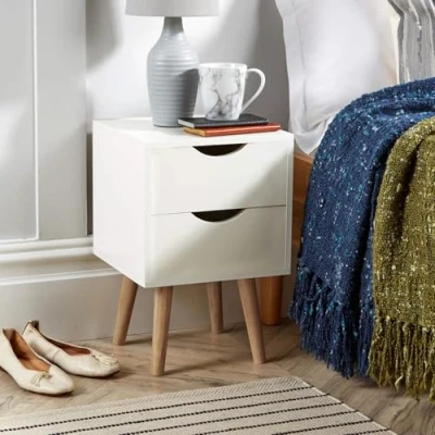 Image of Home Source Bedside Cabinet 2 Drawer White Lamp Side Table Solid Wood Legs, Scandi Style