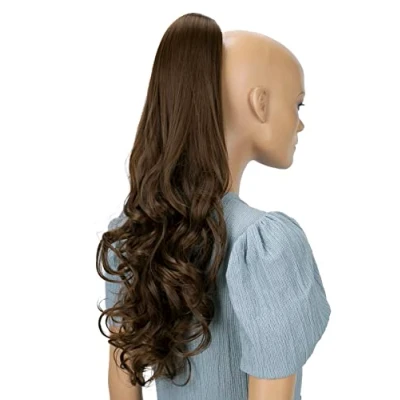 Image of CAISHA 24&quot; Long Hair Clip On Ponytail Extension Heat Resistant Synthetic Hairpiece Slightly Wavy Brown H518