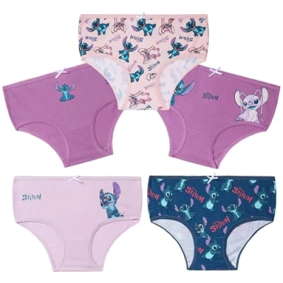 Image of Disney Stitch Girls Knickers, Comfy Breathable Cotton Underwear for Kids and Teenagers, Pack of 5 Gifts (Purple/Blue, 7 8 Years)