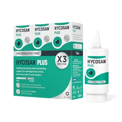 Image of Hycosan Plus Triple Pack Dry Eye Drops with Hyaluronic Acid and Dexpanthenol for Relief Healing Support Eyes Recovering from Injury or Surgery Preservative Free 3 x 225 Measured