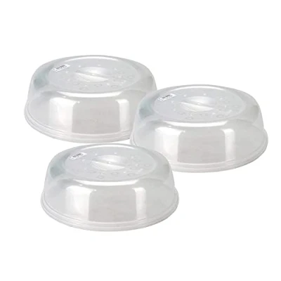 Image of Set of 3 Microwave Food Plate Dish Cover 26cm Plastic Transparent Ventilated Splatter Splash Guard with Air Vents Kitchen Cooking, Dishwasher Safe, BPA Free,