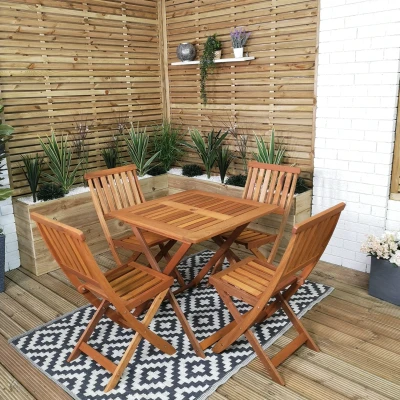 Image of Outdoor 4 Person Folding Square Wooden Garden Dining Table Chairs Set