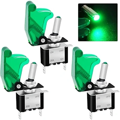 Image of Taiss/3Pcs Rocker Toggle Switch 12V 20A Heavy Duty Racing Car Automative Auto SPST ON/OFF Green LED Illuminated 3Pin With Waterproof Safety Cover ASW 07DG+GM