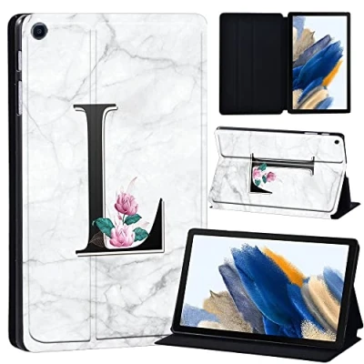 Image of Printed Case for Samsung Galaxy Tab A8 10.5 Inch 2022 (SM X200/X205/X207), Slim Lightweight Protective Hard Cover Trifold Stand with Auto Sleep/Wake (letter L on white marble)
