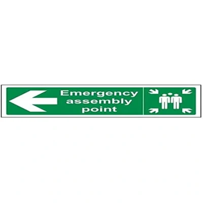 Image of V Safety Emergency Assembly Point Arrow Left Sign 300mm x 100mm Self Adhesive Vinyl