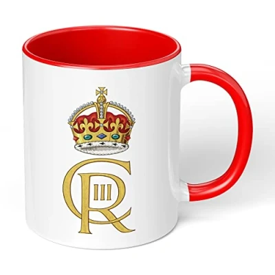 Image of Print Maniacs Kings Coronation Mug 2023 Official CR3 Emblem King Charles III Commemorative Souvenir Gift His Majesty The Royal Memorabilia Gifts (Red Infill)