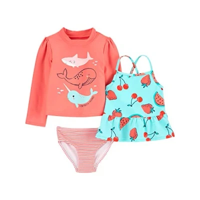 Image of Simple Joys by Carter&#039;s Baby Girls&#039; 3 Piece Assorted Rashguard Sets Rash Guard, Orange Sea Life/Red Fruit/Stripes, Years